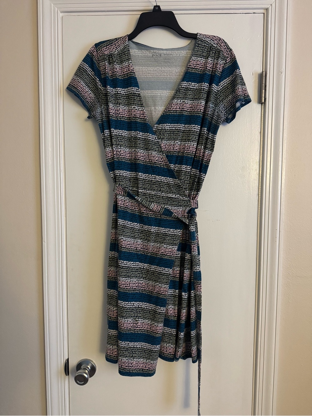 Pact Organic Cotton Striped Wrap Dress in Teal and Pink